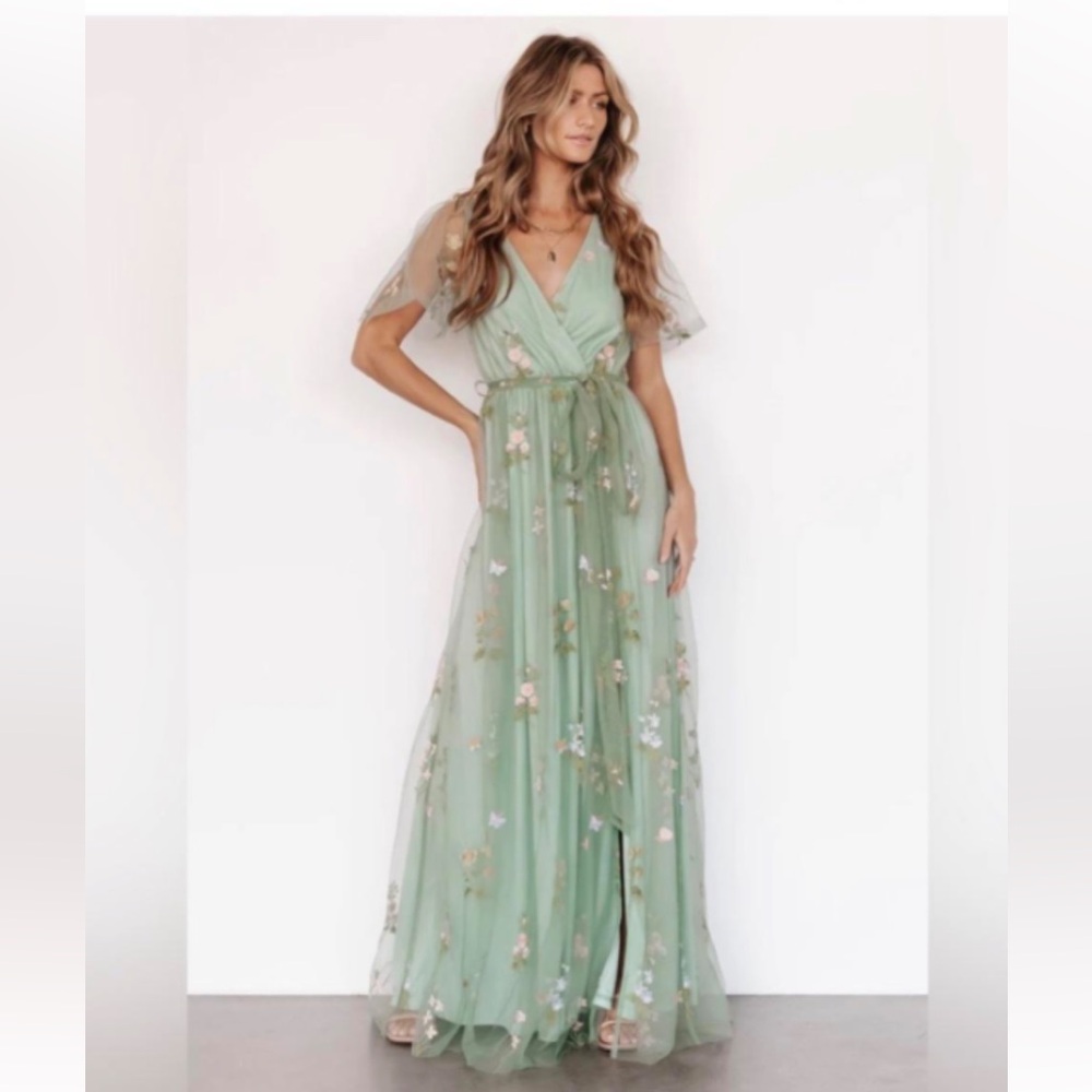 NWT Baltic born Large green flutter sleeve maxi floral embroidery gown